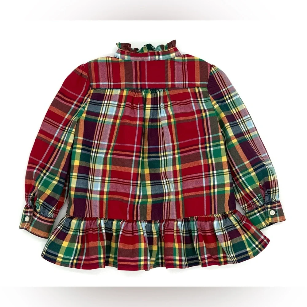 EUC Ralph Lauren Christmas Plaid Peplum Long Sleeve Tunic Top In Red & Green 24M